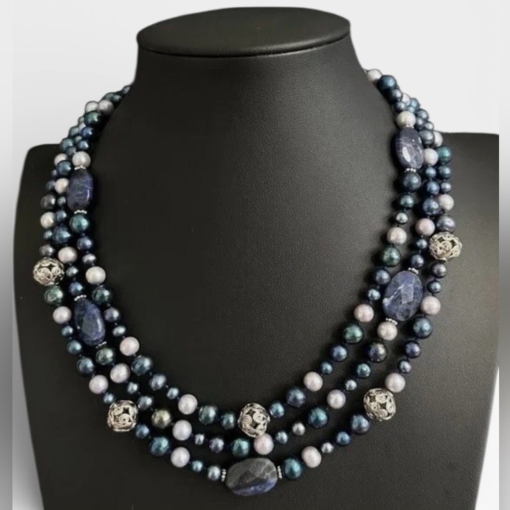LUCAS LAMETH Sterling Triple-Strand Faceted Sodalite & Cultured Pearl Necklace - Picture 3 of 12